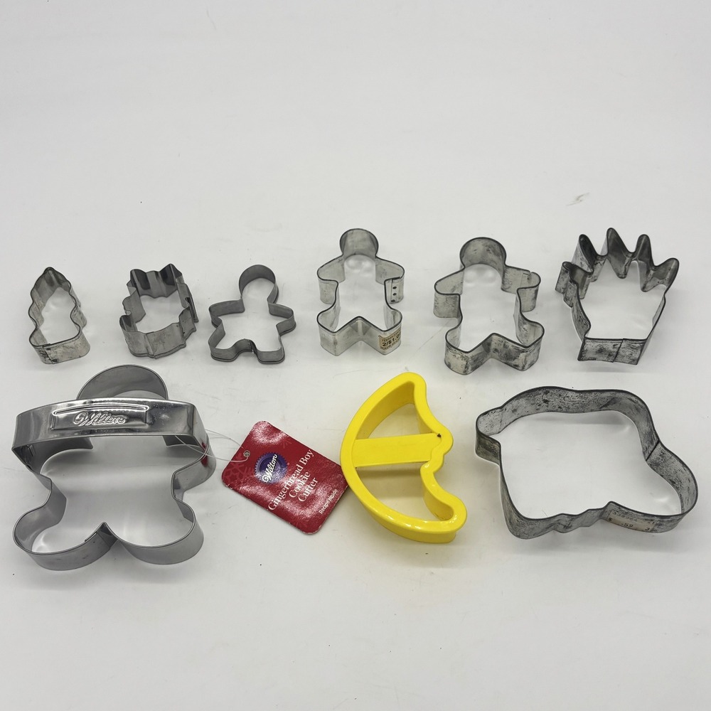 Wilton Cookie Cutters Set 9pc Silver Yellow Good Gingerbread Tree Moon Hand Star